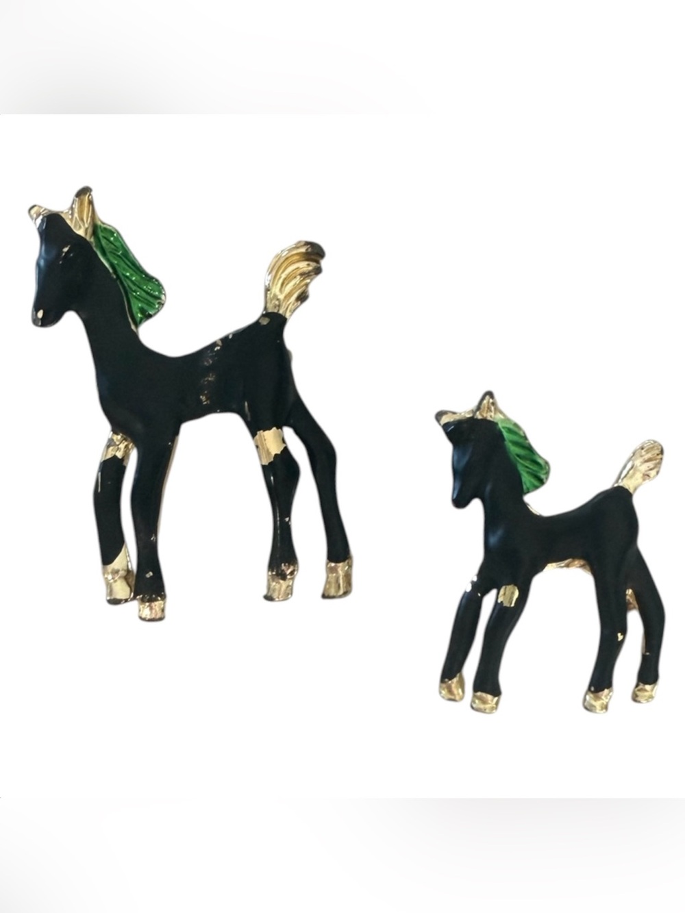Vintage Black Enamel Horse and Foul Brooch Pair with Green Manes & Gold Accents